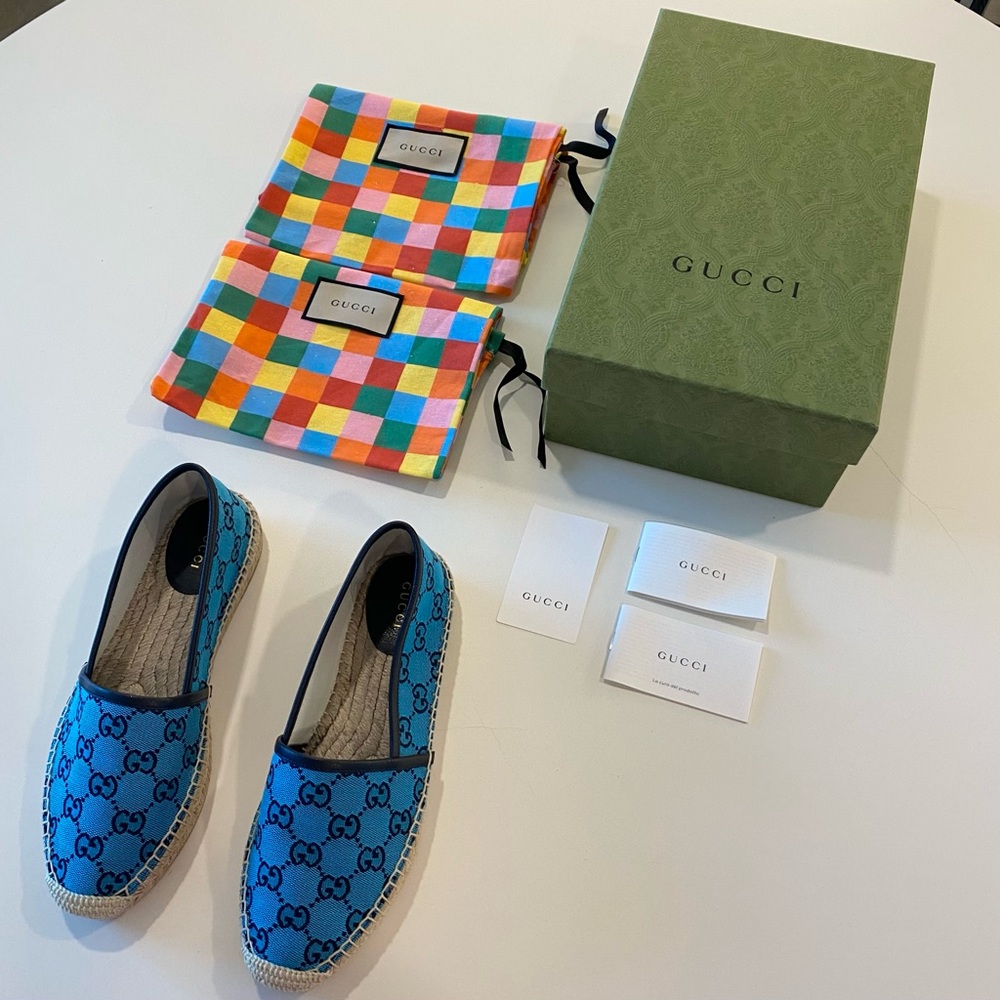 Gucci Blue GG Logo Multicolor Canvas Espadrilles Flats - Picture 12 of 12